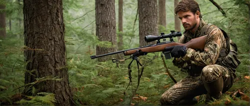 hunter, male, rugged, (30yo), intense gaze, stubble, camouflage outfit, rifle in hand, kneeling position, forest background, early morning mist, soft sunlight filtering through trees, alert posture, h