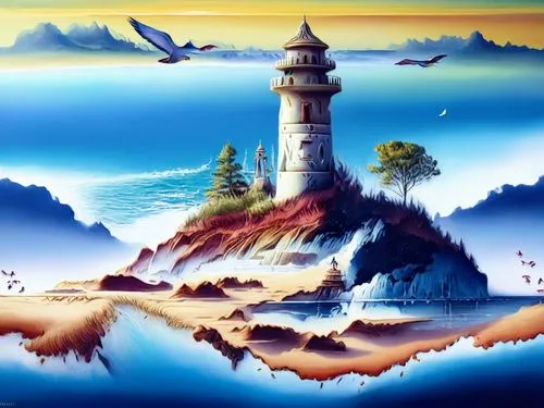 an artistic painting shows a lighthouse on a small island,cartoon video game background,zoombinis,lighthouses,flying island,mushroom island,landscape background,Illustration,Realistic Fantasy,Realisti