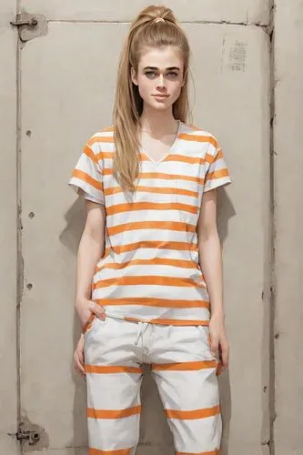 prisoner,horizontal stripes,isolated t-shirt,girl in t-shirt,prison,striped background,mime,one-piece garment,a wax dummy,photo session in torn clothes,chainlink,orange,mime artist,a uniform,stripped leggings,in custody,female doll,girl in overalls,articulated manikin,costume design,Digital Art,Ink Drawing