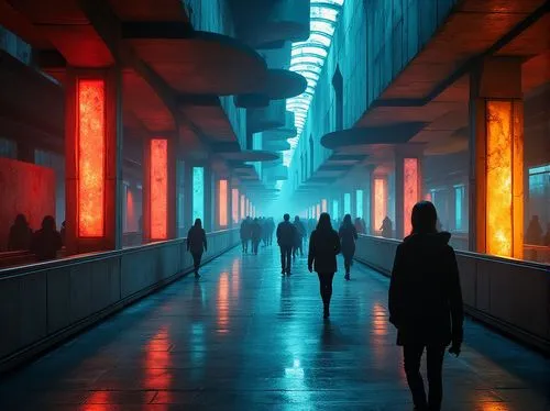 walkway,cybercity,underpass,corridors,passage,cyberscene,corridor,pedestrian,cyberport,hypermodern,alleyway,urban,people walking,bladerunner,alley,ambient lights,overpass,cyberpunk,girl walking away,atmospheres,Photography,General,Realistic