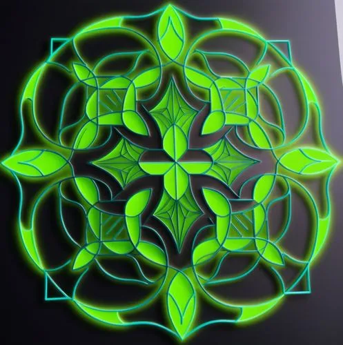 a circular abstract design made up of green leaves,glow in the dark paint,flower of life,metatron's cube,knotwork,light drawing,lotus png,Unique,Design,Logo Design