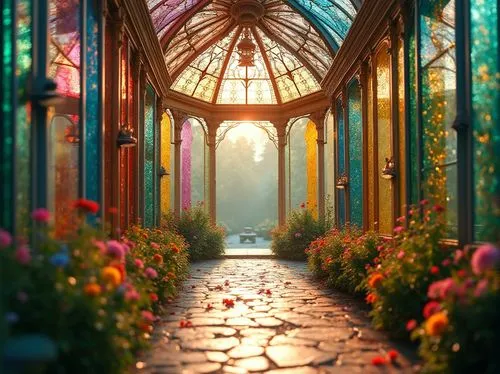 conservatory,tunnel of plants,dandelion hall,passage,walkway,flower booth,greenhouse,arbor,hall of the fallen,the threshold of the house,pathway,garden door,world digital painting,doorways,sanctuary,hallway,flower shop,archways,plant tunnel,winter garden,Photography,General,Realistic