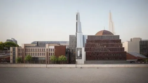 Brown Brick and white render modern buildings,al nahyan grand mosque,messeturm,city church,alabaster mosque,coventry,islamic architectural,lotte world tower,faisal mosque,birmingham,city mosque,hafenc