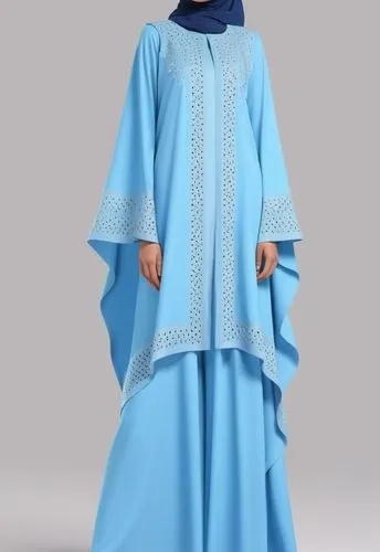 3d fashion drawing for Muslim hijab with 4k with loose design with  with suede with dots with ،with light blue with 3d drawing ,a young woman in blue is standing with her hands in her pockets,abaya,ab