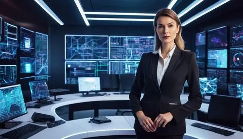 Cybersecurity expert, mature lady, professional attire, blazer, white shirt, black trousers, heels, confident posture, standing in front of a futuristic cybersecurity control room, multiple screens di