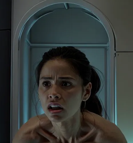 She is shooting at aliens with a rifl

 Location: science lab,scared woman,valerian,cyborg,the girl in the bathtub,shower door,female doctor,cgi,symetra,head woman,dryer,aditi rao hydari,the girl's fa