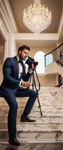 professional photographer, male, 30s, formal wear, holding DSLR camera, studio strobe lights, reflector, softbox, shooting interior design, modern luxury villa, high ceiling, grand staircase, marble f