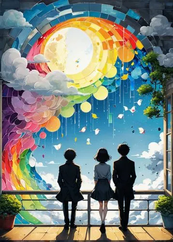 luminism,rainbow jazz silhouettes,mgmt,skygazers,skywatchers,rainbow clouds,straw hats,cloud atlas,gondry,travelers,cloudstreet,parasols,radwimps,rainbow background,weathercasters,maplestory,explorers,imagination,aquemini,children's background,Illustration,Abstract Fantasy,Abstract Fantasy 02