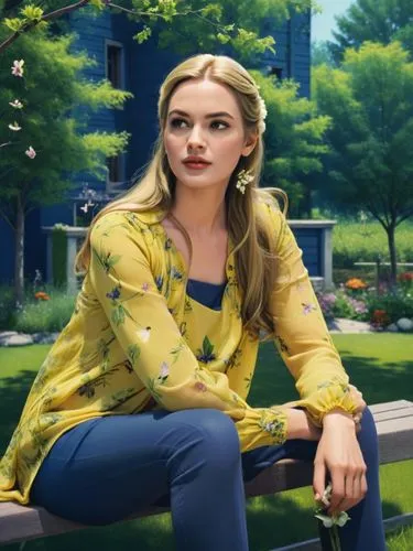 A beautiful woman with long brown hair sits on a bench in a park, surrounded by blooming flowers and birds. She wears a flowing yellow dress and a pair of matching boots. One of the leaves rustles in 