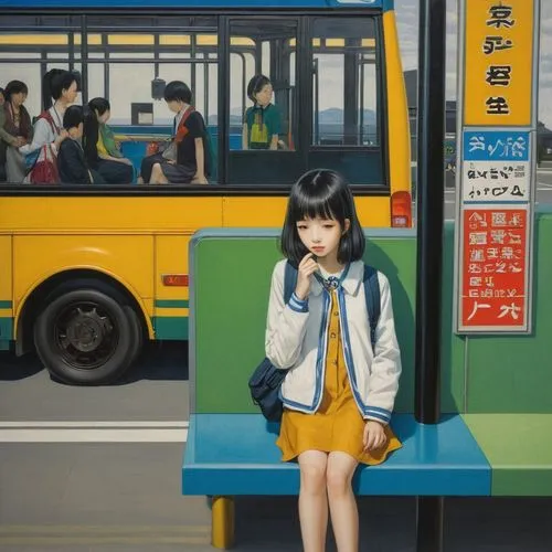 xiaoxi,yukiko,the girl at the station,bus stop,sumiala,himawari,Illustration,Realistic Fantasy,Realistic Fantasy 08