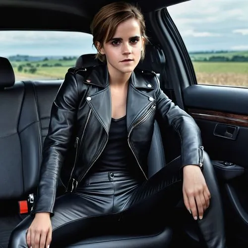 leather jacket,black leather,leather,girl in car,elle driver,woman in the car,in car,car model,girl and car,car seat,backseat,jacket,drive,crossed legs,vanity fair,driving a car,seatbelt,bolero jacket,leather texture,black coat,Photography,General,Realistic