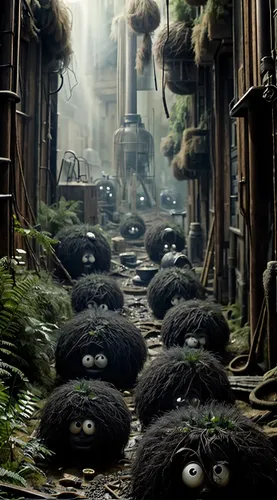 cartoon forest,mud village,mushroom landscape,labyrinth,studio ghibli,district 9,my neighbor totoro,tunnel of plants,kiwi plantation,moss,plant tunnel,alien world,trolls,madagascar,post-apocalyptic landscape,hedgehogs hibernate,raccoons,druid grove,dwarves,hedgehogs