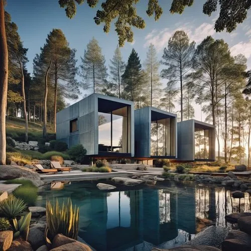 Diseño de 3 cabañas, estilo mínimalista a base de cubos recubiertos de lámina de acero con un ventanal panorámico qué mira  un lago, agua azul, reflejos, sombras, corrección de herrores, proporción, f