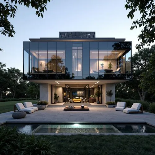 Modern mansion, sleek design, embedded advanced technology throughout, walls of smart glass transitioning from transparent to opaque, minimalist interior with voice-controlled home automation stations