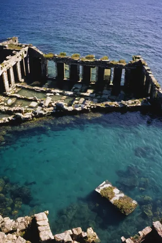 Free Ruins In The Sea Stock Images - 6797904,temple of poseidon,cala pi,paestum,ancient theatre,sunken church,the ruins of the,lycian,corsica,la perouse,kalo chorio,unesco world heritage site,sea tren