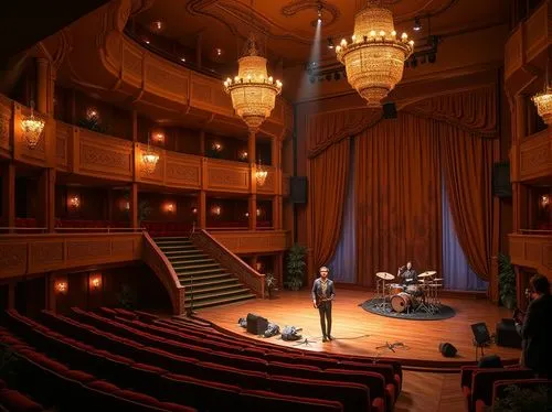 Savannah, unique auditorium, concert hall, grand staircase, luxurious chandeliers, African-inspired patterns, wooden flooring, soundproof walls, velvet curtains, golden accents, VIP lounge area, spotl