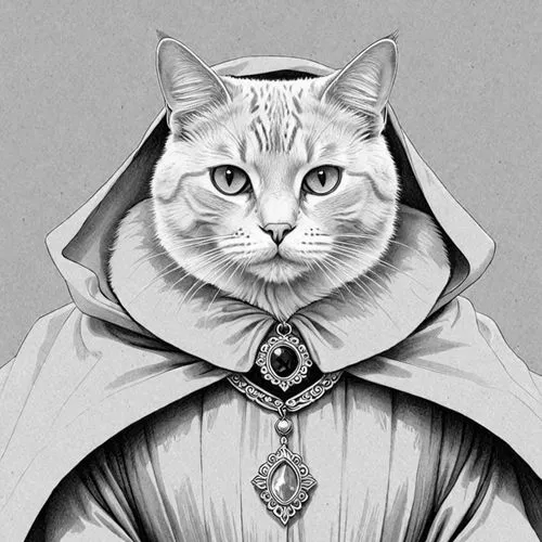 The image features a black cat adorned with a regal costume, including a white collar and a red cape draped over its shoulders. The cat's gaze is directed towards the viewer, giving an impression of c