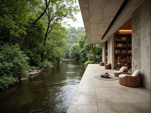 Riverbank scenery, calm water flow, lush green vegetation, weathered limestone walls, minimalist architecture, clean lines, neutral color palette, natural stone floors, wooden accents, floor-to-ceilin