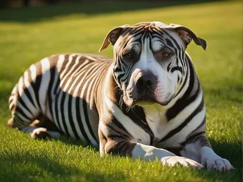 Zebras-striped Pitbull, muscular body, strong legs, athletic build, short fur with black and white stripes, piercing brown eyes, floppy ears, wrinkled nose, relaxed posture, lying down, grassy lawn, s