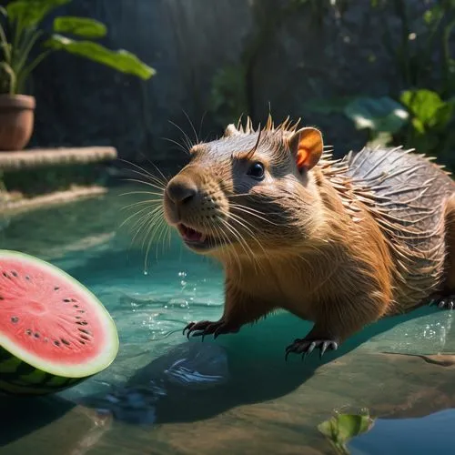 amur hedgehog,hedgecock,opossum,nutria,coypu,frugivore,racoon,hedgehog,furet,watermelon background,tropical animals,raccoon,watermelon,capybara,surface tension,raccoon dog,gourmelon,north american raccoon,tenrecs,hedgehunter,Photography,General,Natural