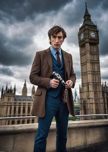 The 16th Doctor, male, Time Lord, sonic screwdriver, brown suit, blue shirt, black tie, Converse shoes, messy brown hair, intense eyes, serious expression, standing, leaning on a wall, London cityscap