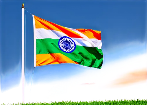 Indian national flag, tricolor design, saffron, white, green horizontal stripes, Ashoka Chakra blue wheel in center, waving, flowing, blowing in wind, bright sunshine, clear sky, 3/4 composition, shal