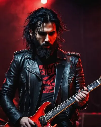 Heavy metal musician, aggressive posture, black hair with red streaks, bold eyebrows, thick beard, intense gaze, black leather jacket, studded belt, ripped jeans, black boots, holding guitar, playing 