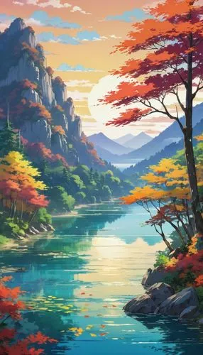 landscape background,autumn mountains,autumn landscape,fantasy landscape,river landscape,autumn background,Illustration,Japanese style,Japanese Style 03