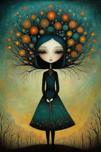 girl with tree,mystical portrait of a girl,cloves schwindl inge,orange tree,girl in a wreath,orange blossom,flying seed,tangerine tree,dryad,equilibrist,whimsical,girl in a long,fairy peacock,girl in flowers,faerie,woman thinking,boho art,little girl with balloons,pear cognition,dizzy,Illustration,Abstract Fantasy,Abstract Fantasy 19