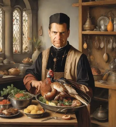 Portrait of a male medieval cook holding a roasted pheasant with feathers on a platter, painting <class> by Hans Holbein the Younger, male cook dressed in medieval clothes for working in the kitchen, 