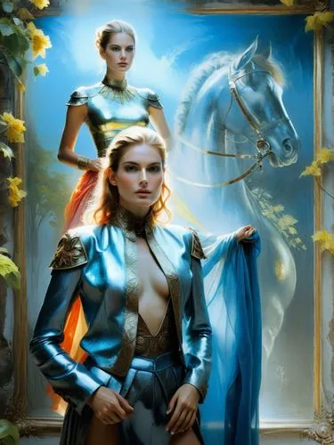 replace the painting with Referenzbild,a woman standing with a horse in front of her,tymoshenko,cuirasses,margaery,margairaz,joan of arc,glorfindel,Photography,Fashion Photography,Fashion Photography 