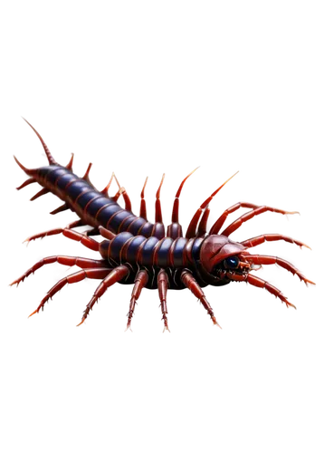 Long, segmented centipede body, many legs, shiny exoskeleton, dark brown color, venomous fangs, compound eyes, antennae, crawling motion, close-up shot, dramatic lighting, shallow depth of field, high