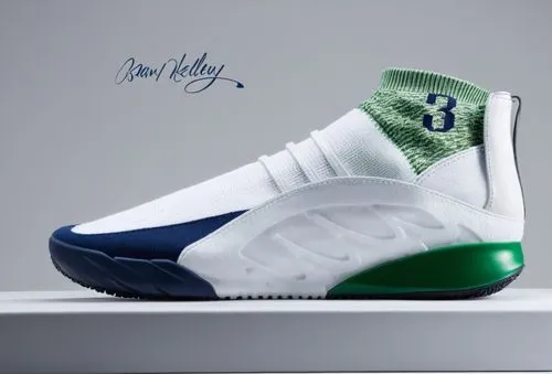 Battle knit upper and pebbled leather sneaker, sock collar with "3" logo, leather "wing" design on lateral view. All white with navy and green  accent color scheme ,Sock sneaker court shoe white,doubl