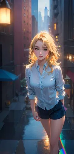 In the heart of bustling New York City, a vibrant and playful caucasian girl named Sarah Viva da Vinci is captured in a stunning aerial view. Her blonde hair is swept back in a warm brown curl, and sh