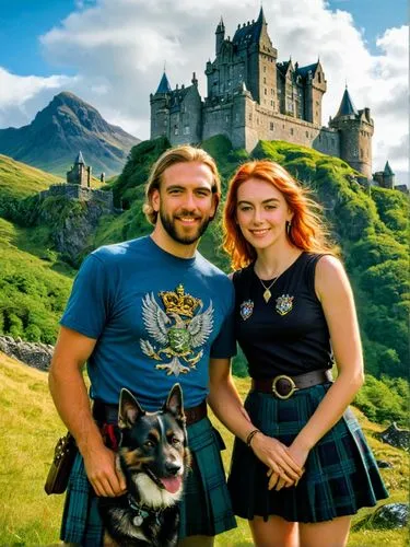 A heartfelt reminder of my summer vacation in Scotland. Here is a double portrait of my great friends and hosts Orion and Elara Ashford in Front of Silverstern Castle.,a woman wearing a kilt standing 