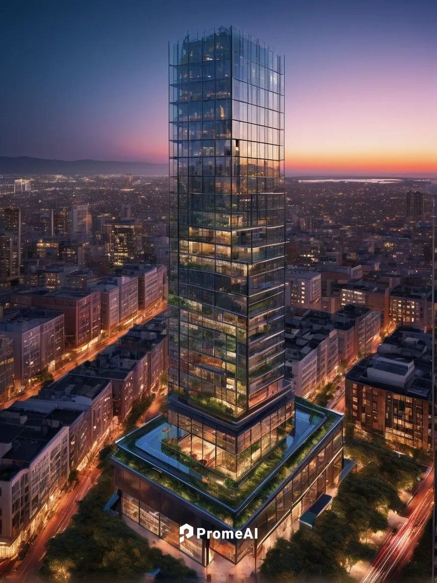 Modern skyscraper, futuristic design, sleek glass facade, steel beams, complex geometric structure, rooftop garden, aerial cityscape view, urban landscape, bustling streets, evening lights, warm neon 