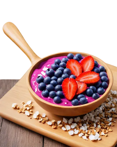 Acai bowl, colorful, tropical fruit, purple acai berries, granola topping, sliced fresh strawberries, blueberries, coconut flakes, creamy white yogurt, wooden spoon, ceramic bowl, natural texture, sha