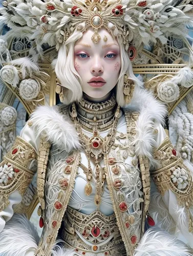 suit of the snow maiden,amano,the snow queen,baroque angel,pale,the carnival of venice,white lady,emperor,fantasy portrait,imperial coat,russian folk style,baroque,ice queen,oriental princess,inner mongolian beauty,angelica,fantasy art,white rose snow queen,priestess,snow white