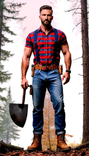 Lumberjack, muscular man, 30s, rugged beard, plaid shirt, suspenders, ripped jeans, heavy boots, holding axe, standing, strong pose, natural setting, forest background, foggy atmosphere, misty lightin