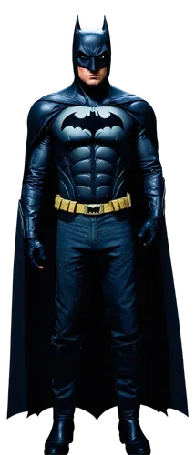 Dark Knight Batman, standing, muscular build, black cape flowing behind, white eyes glowing in dark cowl, detailed facial features, strong jawline, bold eyebrows, black gloves, chest emblem, iconic Ba