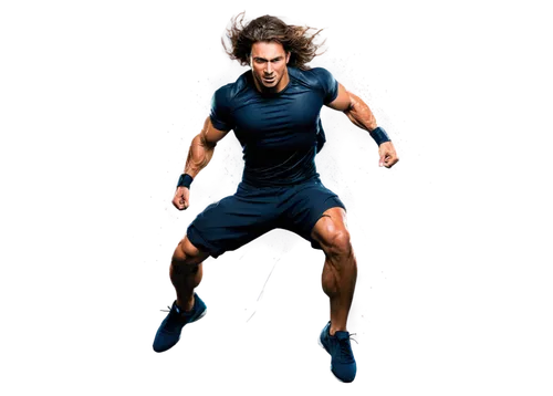 Male, athletic build, dynamic pose, mid-air, body falling, wind-blown hair, sweat droplets on skin, ripped training clothes, strong muscles, intense facial expression, action line art style, vibrant c