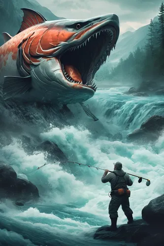 big-game fishing,fish-surgeon,phishing,angler,wild salmon,nature's wrath,god of the sea,fisherman,giant fish,sci fiction illustration,coho,jaws,sockeye salmon,world digital painting,fly fishing,the river's fish and,game illustration,marine reptile,gar,giant carp,Conceptual Art,Fantasy,Fantasy 02