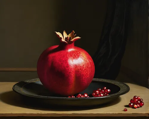 Craft a spooky tale where a haunted pomegranate brings curses to those who eat it,pomegranate,red apple,red apples,still life with onions,still life,still-life,autumn still life,still life elegant,sno