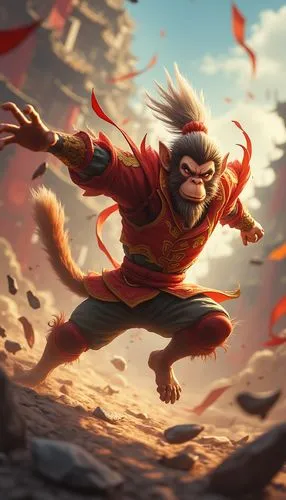 Create a vibrant, animated-style image of the Monkey King in a dynamic battle scene. The Monkey King should be depicted with an energetic, athletic build and expressive features, wearing a detailed, c