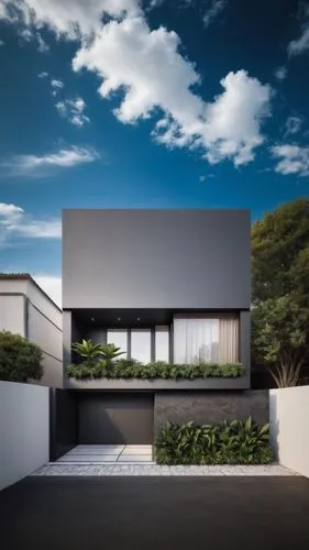 AGREGAR CIELO EN COLOR AZUL Y UNAS NUBES CAMBIAR EL COLOR DE LA CASA A BLANCO Y PUERTAS DE MADERA,modern house,modern architecture,cube house,dunes house,cubic house,residential house,landscape design