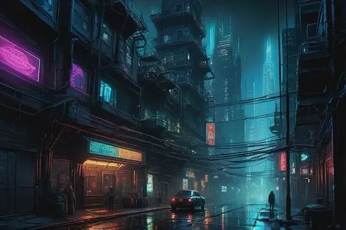 cyberpunk,bladerunner,alleyway,alley,cityscape,shanghai,urban,colorful city,cybercity,sidestreet,cybertown,alleycat,alleyways,cyberscene,metropolis,city at night,shinjuku,slum,neon arrows,world digital painting,Illustration,Black and White,Black and White 28