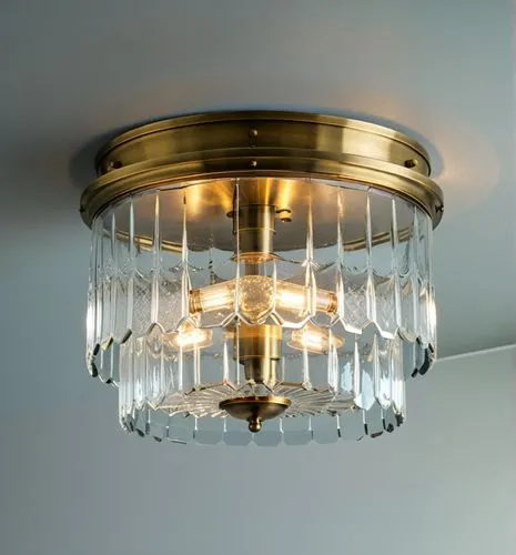 textured thick clear glass flush mount finish in antique brass,a small chandelier with several candles attached to it,halogen light,halogen spotlights,ceiling light,ceiling lamp,halogen bulb,retro lam