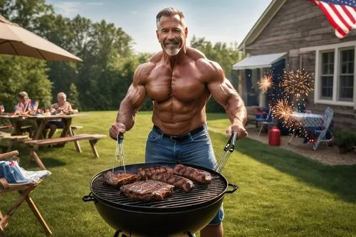 a handsome very muscular 50 year old american man throwing a barbecue for 4th of july 
,barbeque,bbq,barbecue,barbeque grill,grilling,outdoor grill,barbecue grill,meat kane,barbecue torches,summer bbq