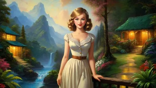 Romantic masterpiece oil painting, cute girl portrait, nostalgic 1950's style kitsch, beautiful exotic landscape, lush vibrant tropical rainforest scenery, by Thomas Kinkade, by Bob Ross, high res,fan