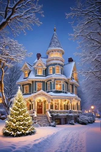 victorian house,winter house,christmas landscape,old victorian,winter wonderland,victorian,winterplace,christmas snowy background,christmas house,snow house,santa's village,snow scene,snow globe,christmas town,winter village,snowy landscape,christmas snow,snowhotel,snow roof,gingerbread house,Illustration,Japanese style,Japanese Style 18